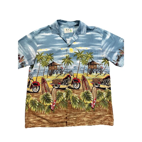 Ky's Hawaiian Shirt Men's Large Cotton Motorcycles Surfboards Tiki Hut Button-Up - Picture 1 of 16